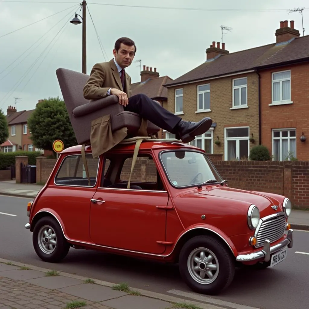 Mr Bean conduisant sa Mini avec un balai