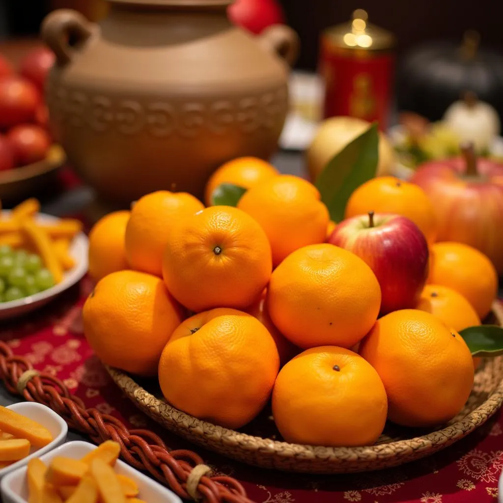 Des oranges et des pommes, symboles de prospérité, sont disposées sur un autel de fête du Nouvel An chinois à Singapour.