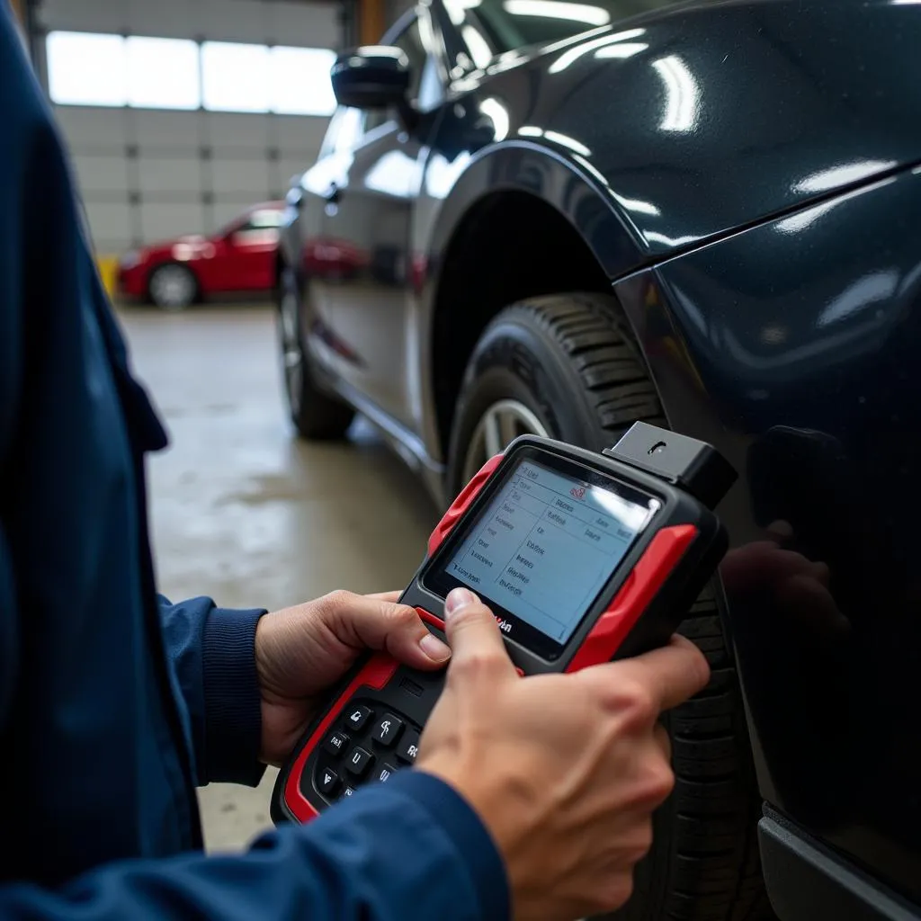 Outil de diagnostic professionnel utilisé par un mécanicien dans un garage automobile