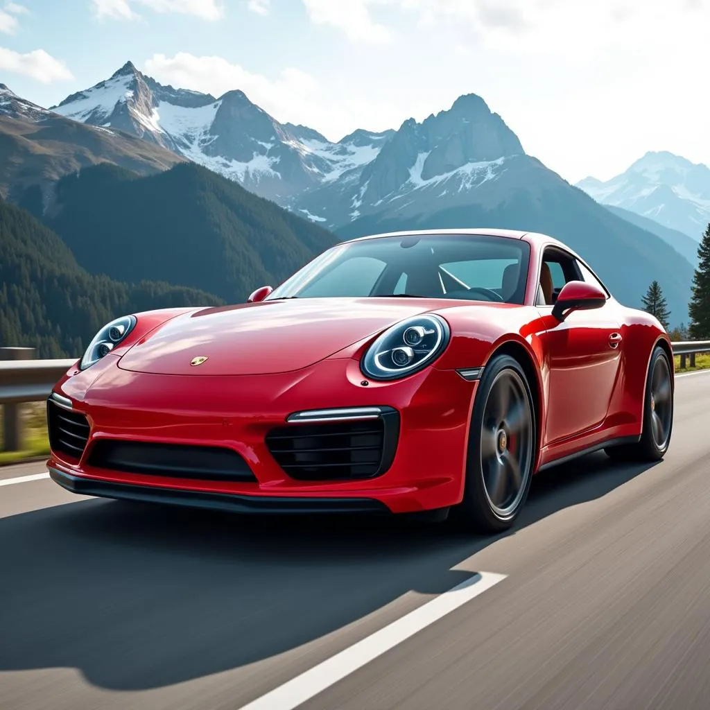 Porsche 911 Carrera rouge sur une route de montagne sinueuse