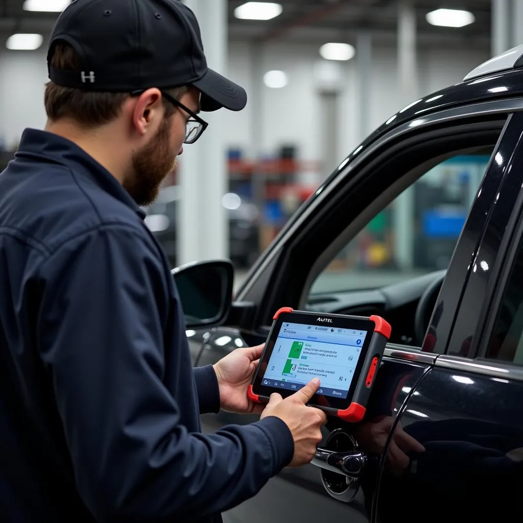 Réparateur qualifié utilisant un outil de diagnostic Autel