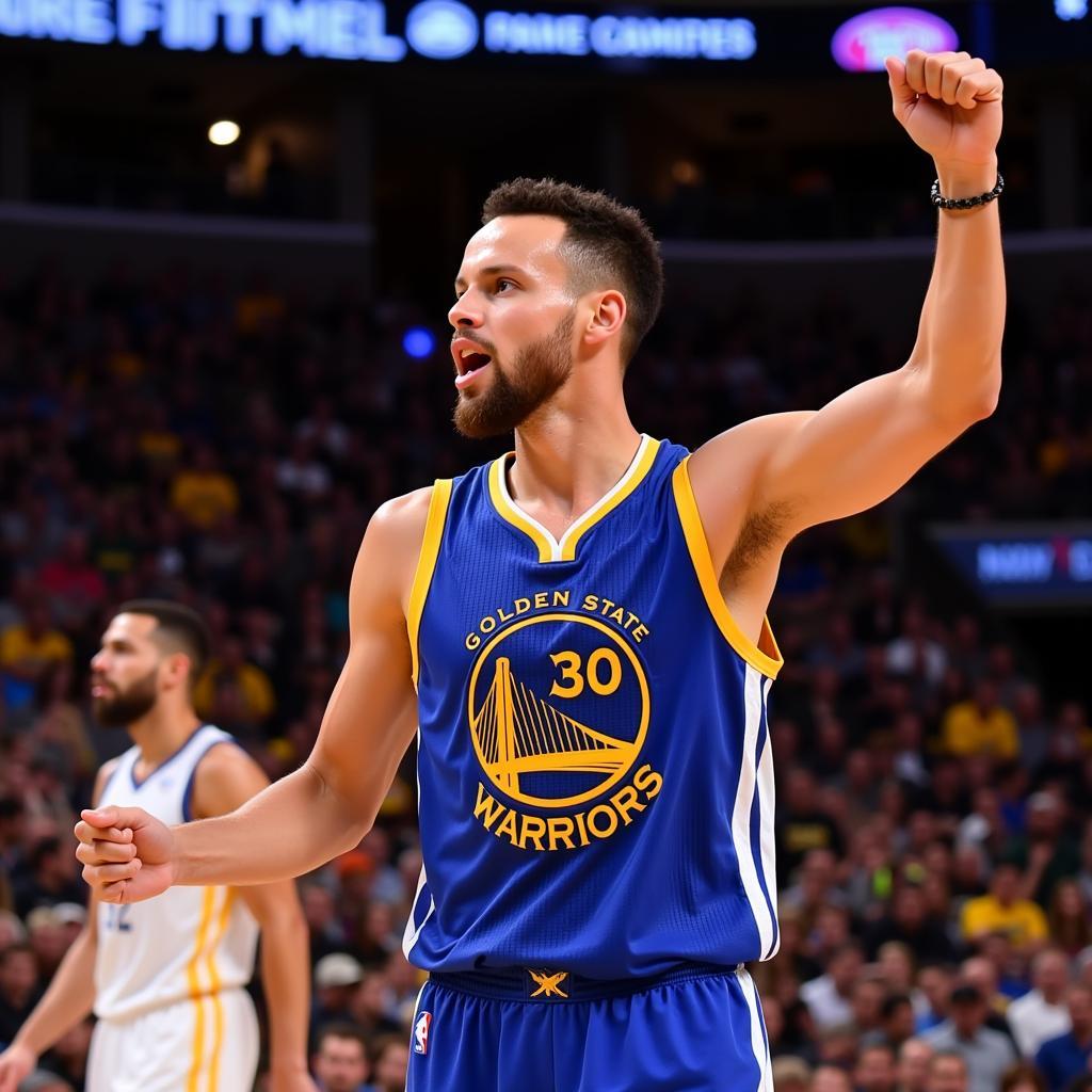 Stephen Curry sur le terrain, célébrant un panier