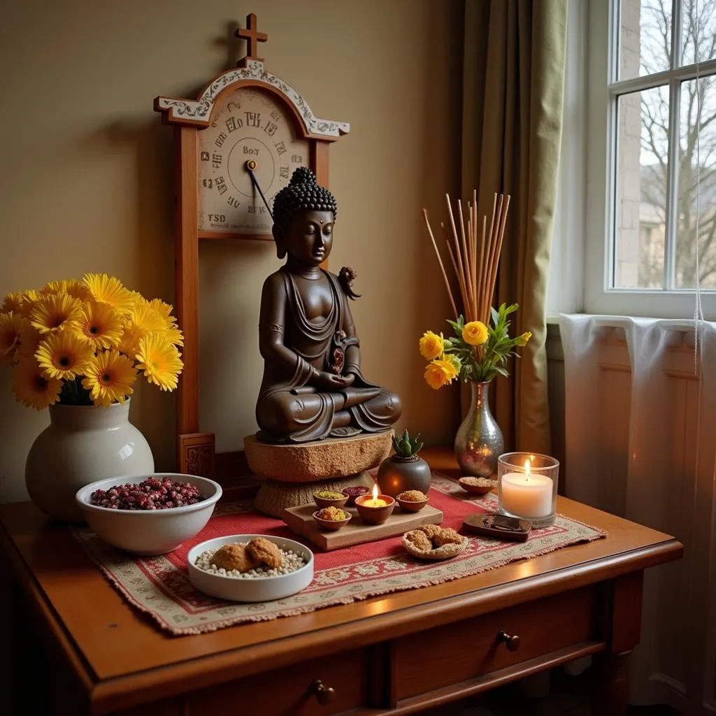 Symboles religieux sur un autel avec encens et fleurs