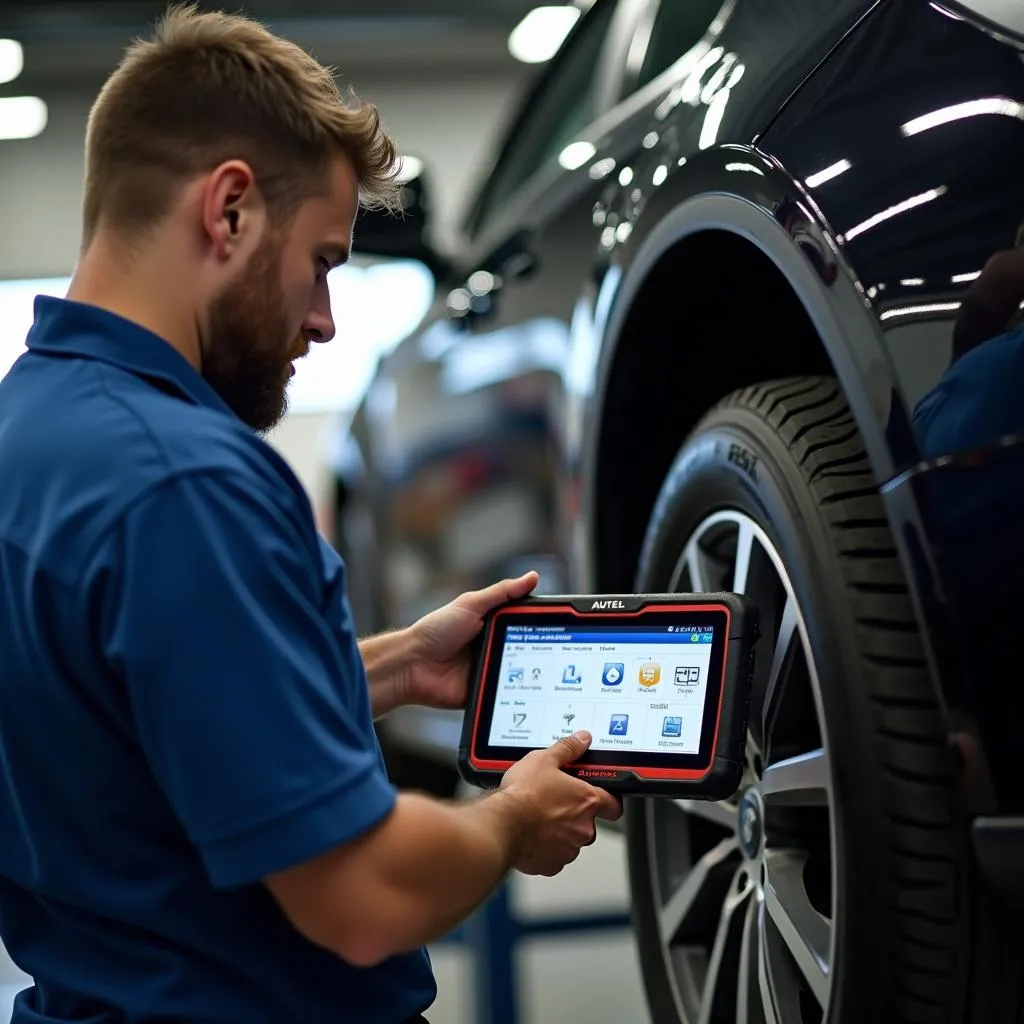 Technicien utilisant un scanner Autel pour diagnostiquer une voiture