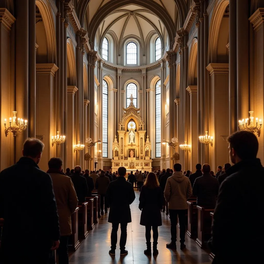 Visiteurs admirant l'autel de Saint-Sulpice