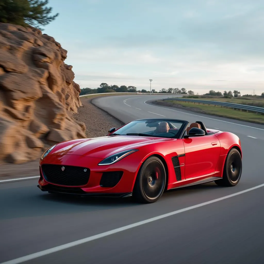 Voiture de sport rouge élégante en mouvement sur une route sinueuse