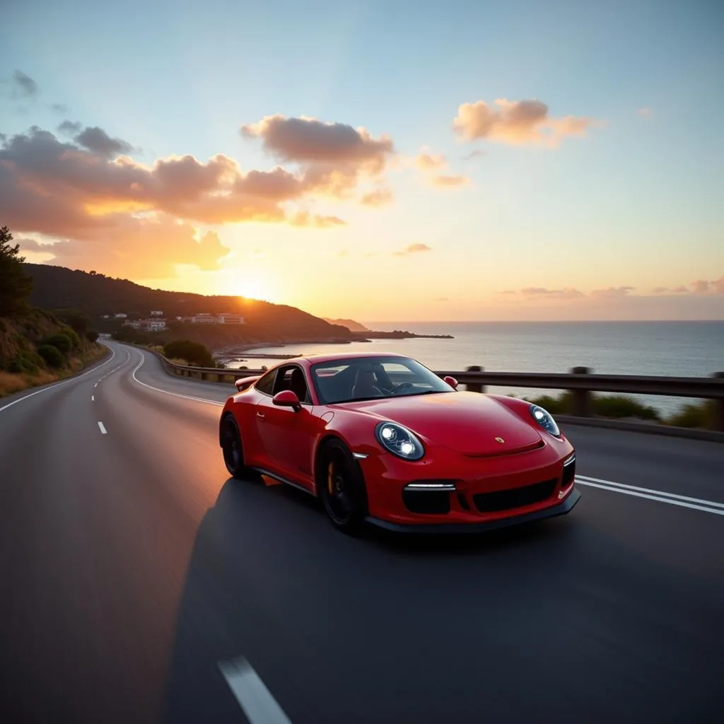 Voiture de sport rouge filant sur une route côtière