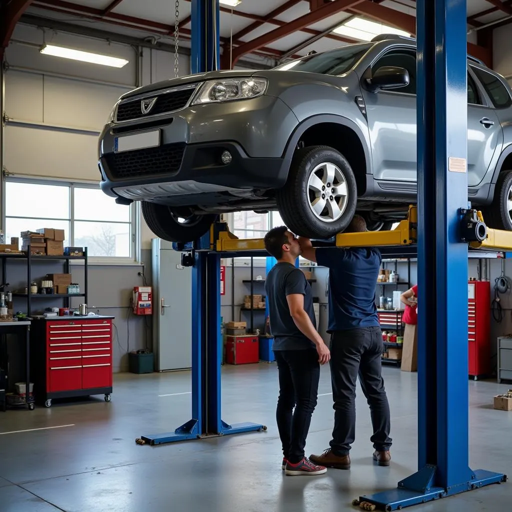 Voiture sur un pont élévateur dans un garage