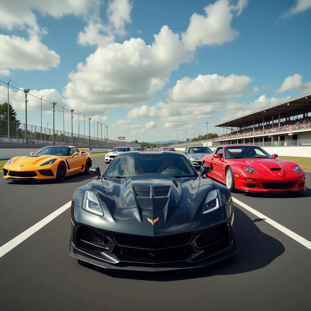 Voitures sportives élégantes s'alignant sur un circuit pour une course.