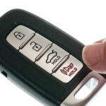 remote car key fob with buttons for lock, unlock, and remote start