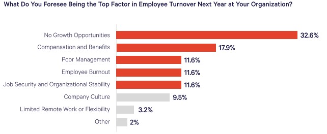 Bar graph depicting lack of career growth as a top factor in employee turnover according to HR and L&D professionals.