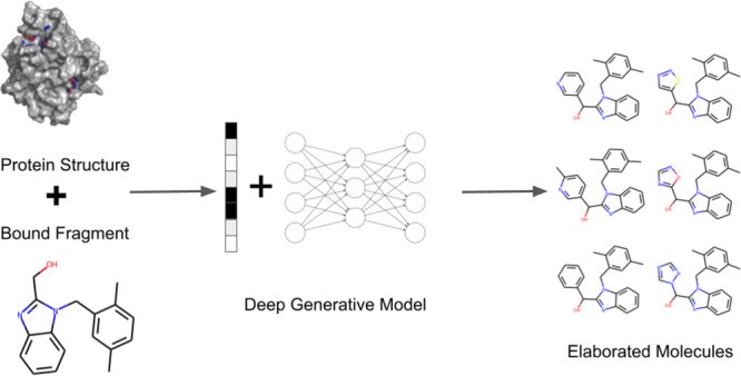 Microscopic image of protein structure with overlaid molecular models, representing fragment elaboration in drug discovery