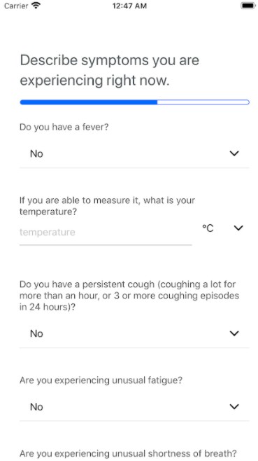 COVID-19 symptom tracker app on a smartphone