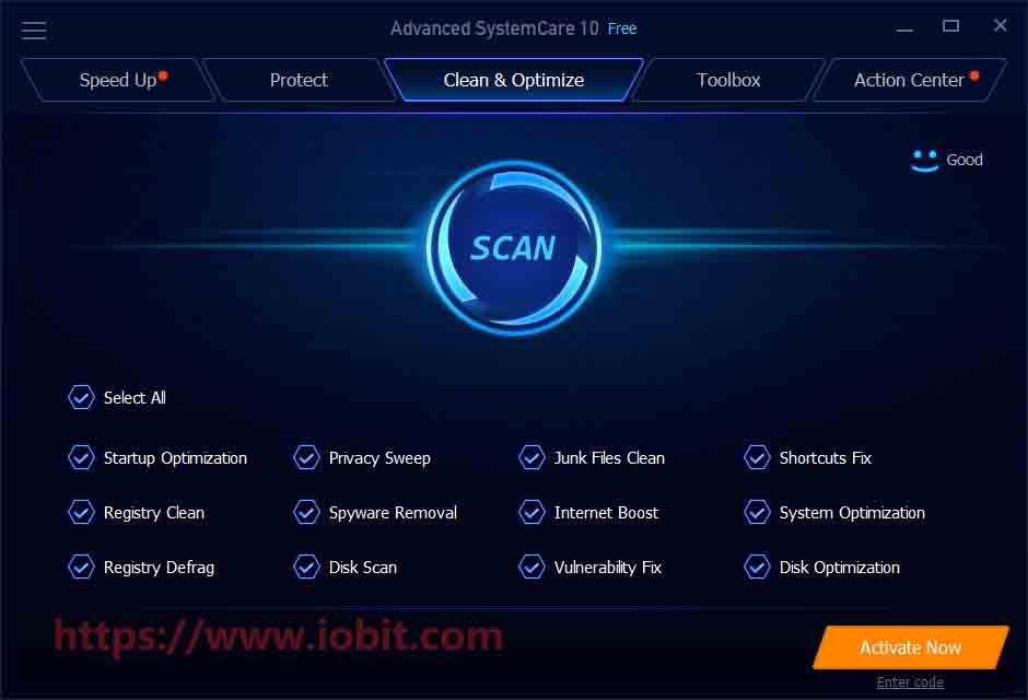 IObit Advanced SystemCare Interface Showing Feature List